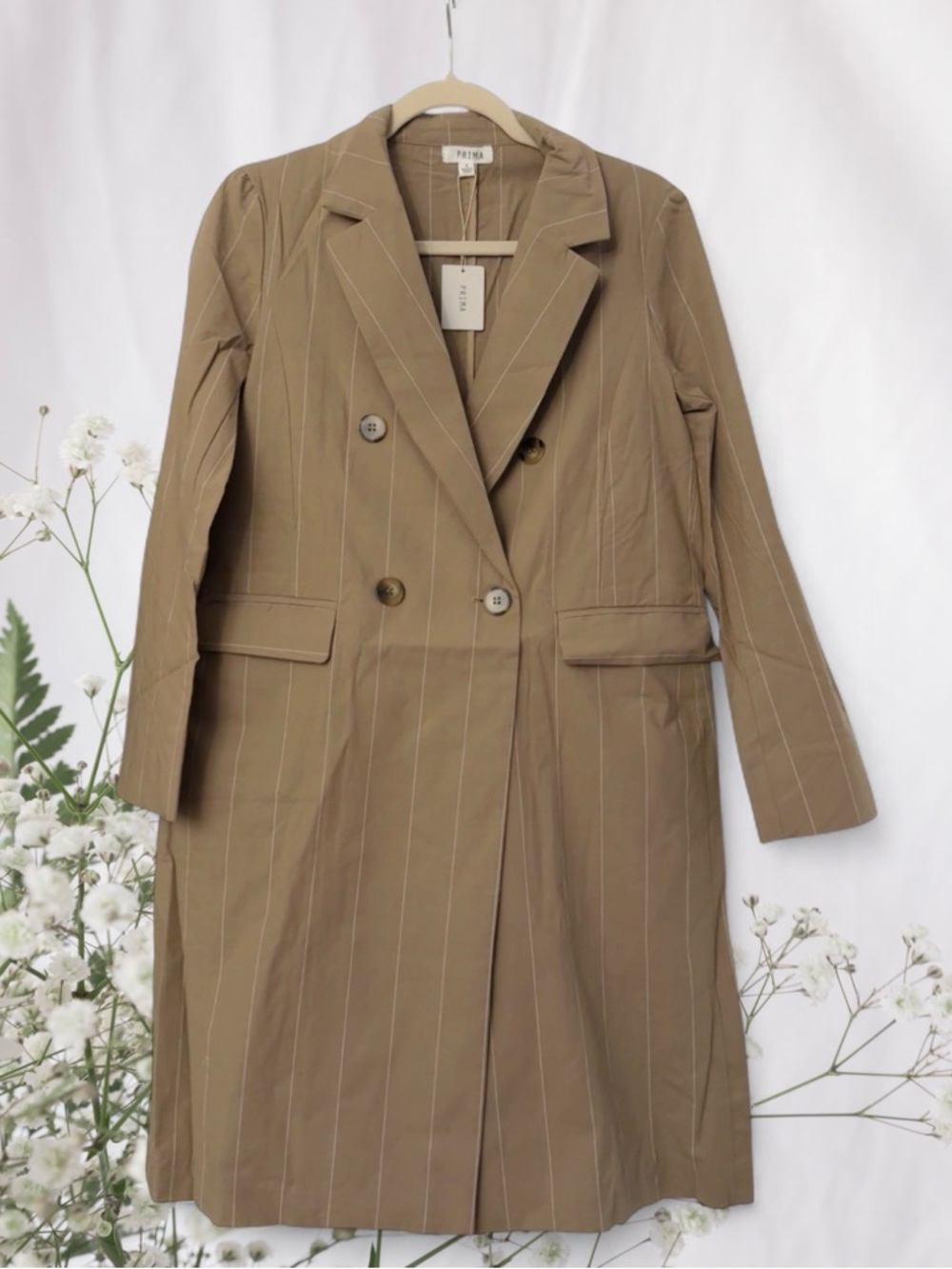 Women's Tan Pinstripe Double-Breasted Coat